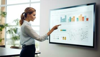 Businesswoman pointing at whiteboard with graphs and charts on it in office. AI Generated. photo