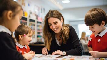 Portrait of happy teacher and students working together in classroom at school. AI Generated. photo