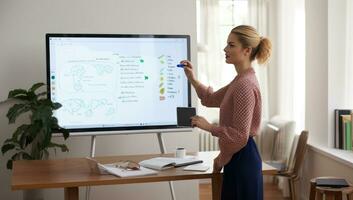 Young businesswoman making notes on whiteboard at office. Businesswoman working on computer. AI Generated. photo