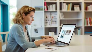 Side view of young businesswoman using laptop while sitting at desk in office. AI Generated. photo