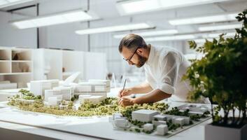 Concentrated male architect working on model of city in his office. AI Generated. photo