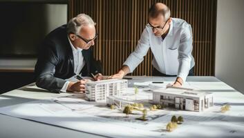 arquitectos trabajando en Plano a mesa en oficina. dos arquitectos que se discute nuevo proyecto. ai generado. foto