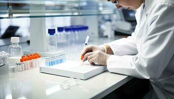 cerca arriba de un hembra investigador que lleva fuera científico investigación en un laboratorio. ai generado. foto