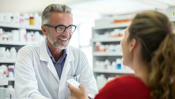Portrait of smiling male pharmacist showing medicine to customer in pharmacy. AI Generated. photo