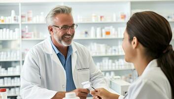 Smiling pharmacist showing medication to a customer in a drugstore. AI Generated. photo