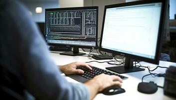 Programmer working on computer in a software developing company. Programmer typing codes on a computer. AI Generated. photo