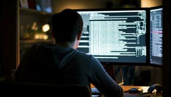 Back view of a man sitting in front of a computer monitor and working late at night. AI Generated. photo