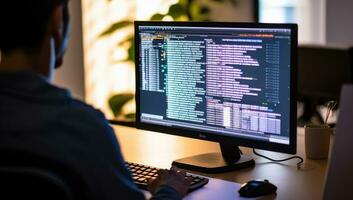 Software developer working on a computer late at night in office. AI Generated. photo