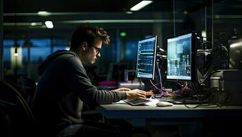 Programmer working on a computer late at night in a dark office. AI Generated. photo