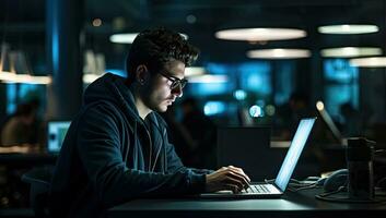 Young man working late at night in a dark office using a laptop computer. AI Generated. photo