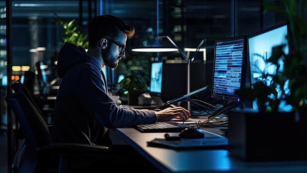 Programmer working on a computer late at night in a dark office. AI Generated. photo
