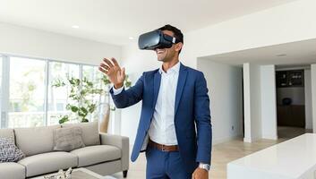 Businessman using virtual reality headset in new house. AI Generated. photo