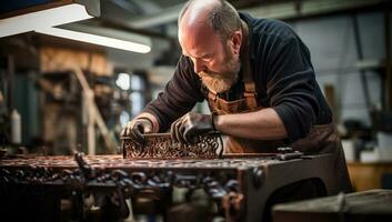 Portrait of a craftsman working on a blacksmith's forge. AI Generated. photo