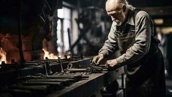 Elderly jeweler working in his workshop. Blacksmiths workshop. AI Generated. photo