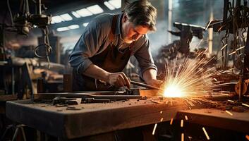 Worker in the factory welding metal with sparks flying in the air. AI Generated. photo