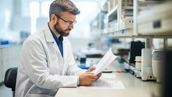 Serious male researcher carrying out scientific research in a lab. AI Generated. photo