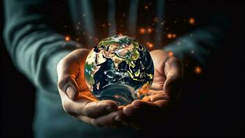 Close up of human hands holding Earth planet. AI Generated. photo