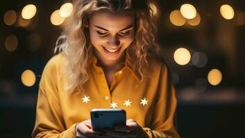 beautiful smiling young woman using smartphone in cafe at christmas time. AI Generated. photo