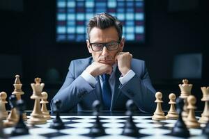 Portrait of serious businessman sitting at chessboard and looking at camera. AI Generated. photo