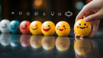 Customer service and satisfaction survey concept. Hand choose smiley face on yellow and red toy. AI Generated. photo