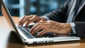 Close-up of businessman hands typing on laptop keyboard at desk in office. AI Generated. photo