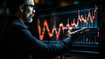 Businessman working on stock market chart. Investment and trading concept. AI Generated. photo