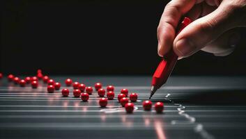 Hand drawing a chart with red balls on a black background. Business concept. AI Generated. photo