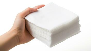 Close up of female hand holding stack of white paper isolated on white background. AI Generated. photo