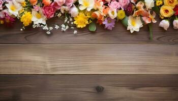 Flowers on wooden background with copy space for text. Top view. AI Generated. photo