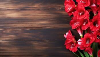 Bouquet of red gladiolus flowers on brown wooden background. AI Generated. photo