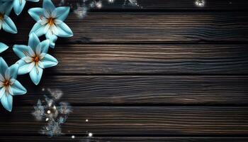 Christmas background with snowflakes and crocus on wooden planks. AI Generated. photo