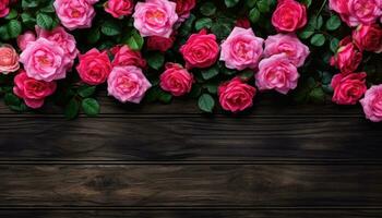 Beautiful pink roses on wooden background with copy space. Top view. AI Generated. photo