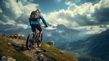 Mountain biker riding on a trail. AI Generated. photo