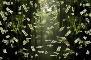 Flying dollar banknotes in a green forest. AI Generated. photo