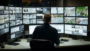 Rear view of security guard monitoring CCTV cameras in surveillance room. AI Generated. photo