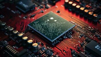 Close-up of electronic circuit board with processor and microchips. AI Generated. photo