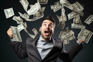 Shocked young businessman with dollar bills flying around him on grey background. AI Generated. photo