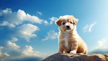 Cute puppy sitting on a rock against the blue sky with clouds. AI Generated. photo