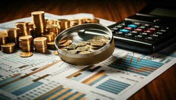 Magnifying glass with coins and calculator on the table with financial graph. AI Generated. photo