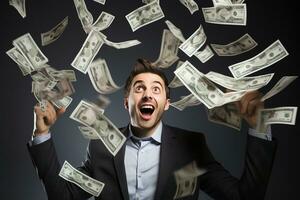 retrato de un joven hombre en un traje lanzamiento dinero dentro el aire. ai generado. foto