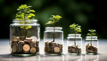 Plant growing from coins in glass jar with green bokeh background. AI Generated. photo