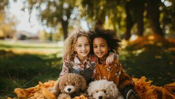 dos pequeño muchachas sentado en otoño parque con osito de peluche osos y sonriente. ai generado. foto