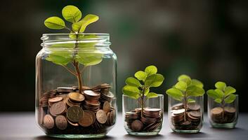 Investment concept, save money for investment concept plant growing out of coins. AI Generated. photo