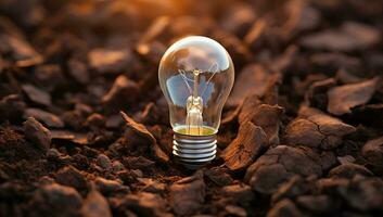 Light bulb on the ground. Conceptual image of idea and innovation. AI Generated. photo