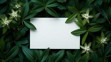 Blank card with white flowers on green leaves background, top view. AI Generated. photo