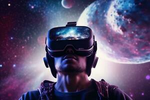 Man wearing virtual reality goggles against the background of the night sky. AI Generated. photo