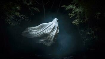 Ghost in the dark forest. Halloween concept. AI Generated. photo