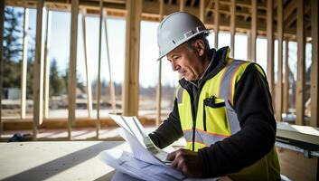 Architect working on blueprint at a construction site. Architectural concept. AI Generated. photo