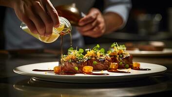 Chef pouring sauce on a piece of meat on a white plate. AI Generated. photo