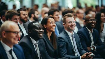 grupo de sonriente negocio personas en conferencia salón. selectivo enfocar. ai generado. foto